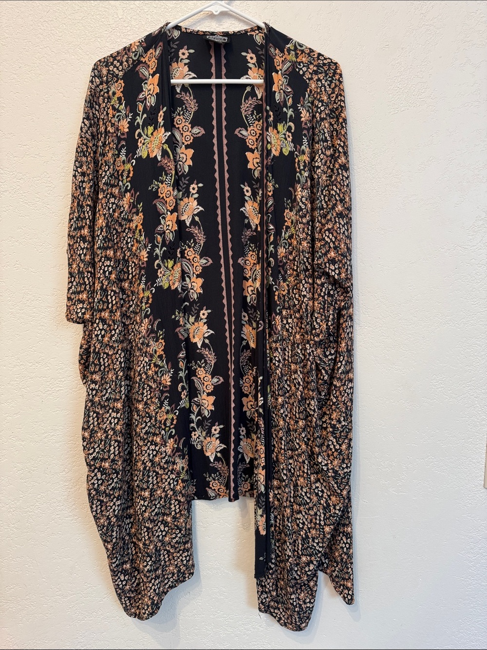 Angie Black Floral Open-Front Duster with Peach Accents